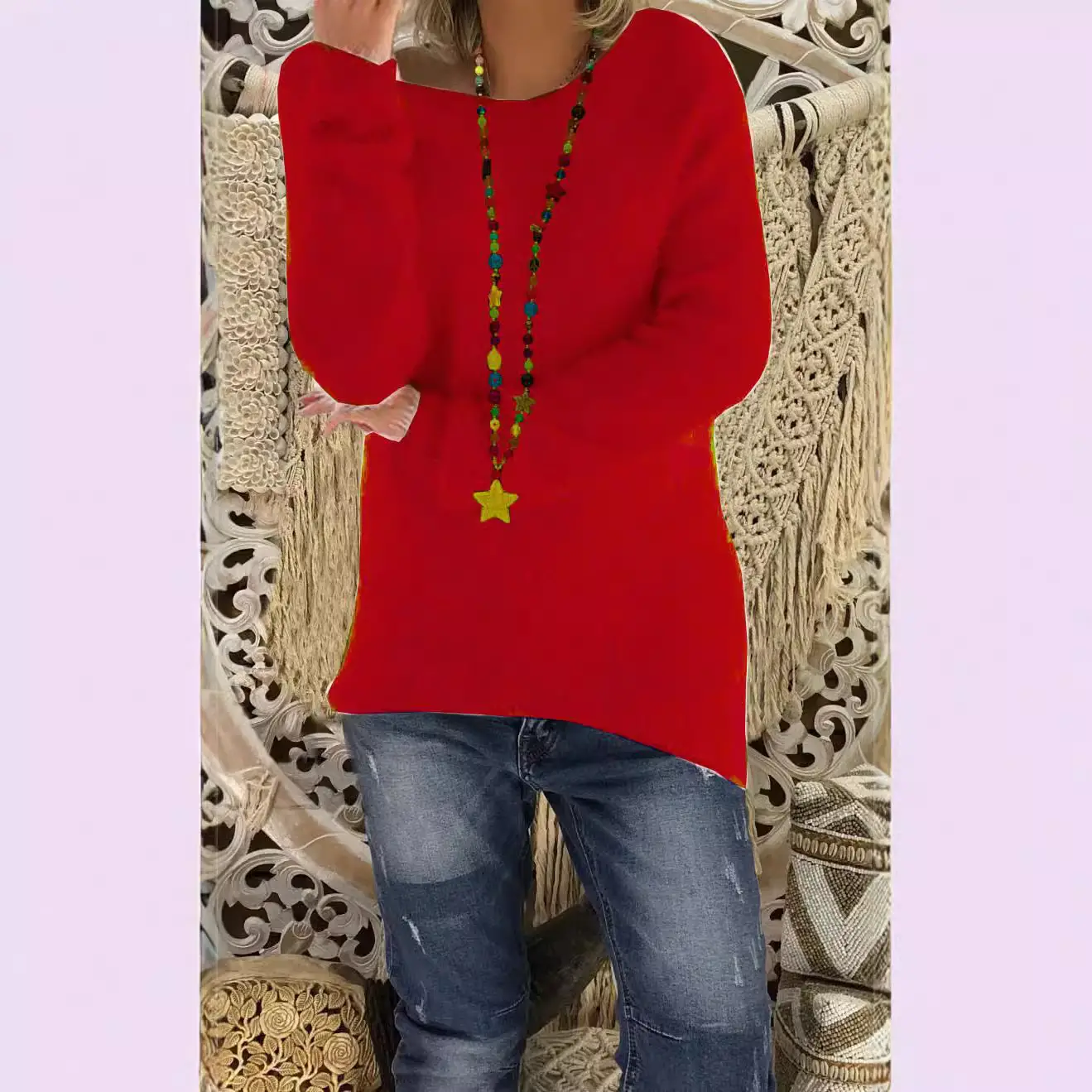 Women's White Long Sleeve Loose Sweater with Colorful Necklace - Image 18