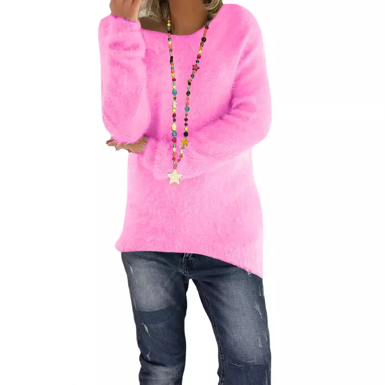 Women's White Long Sleeve Loose Sweater with Colorful Necklace - Image 19