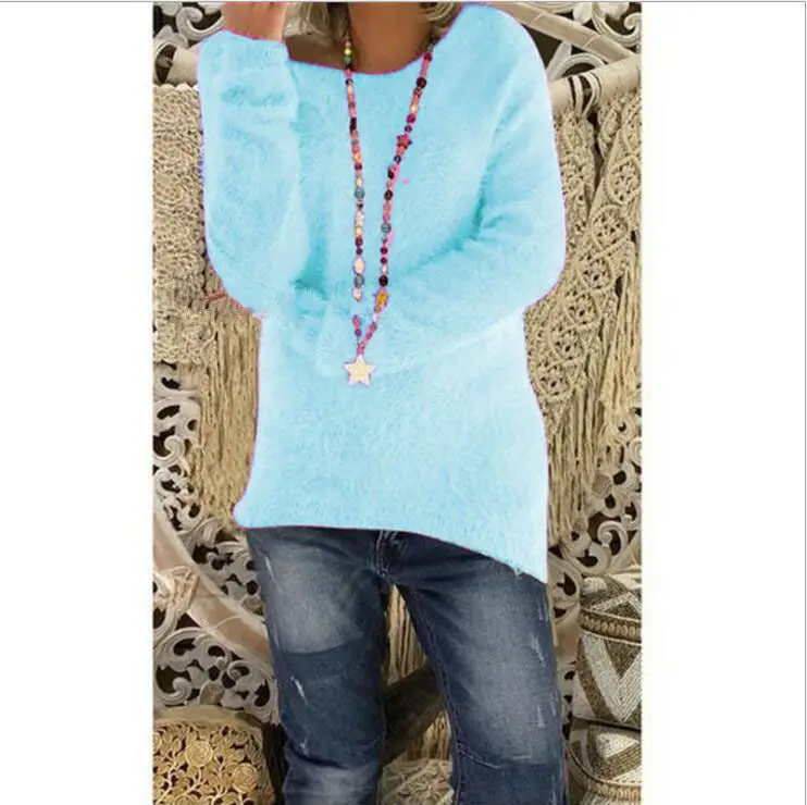 Women's White Long Sleeve Loose Sweater with Colorful Necklace - Image 12
