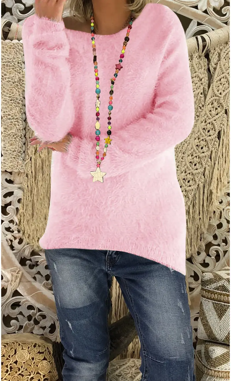 Women's White Long Sleeve Loose Sweater with Colorful Necklace - Image 2