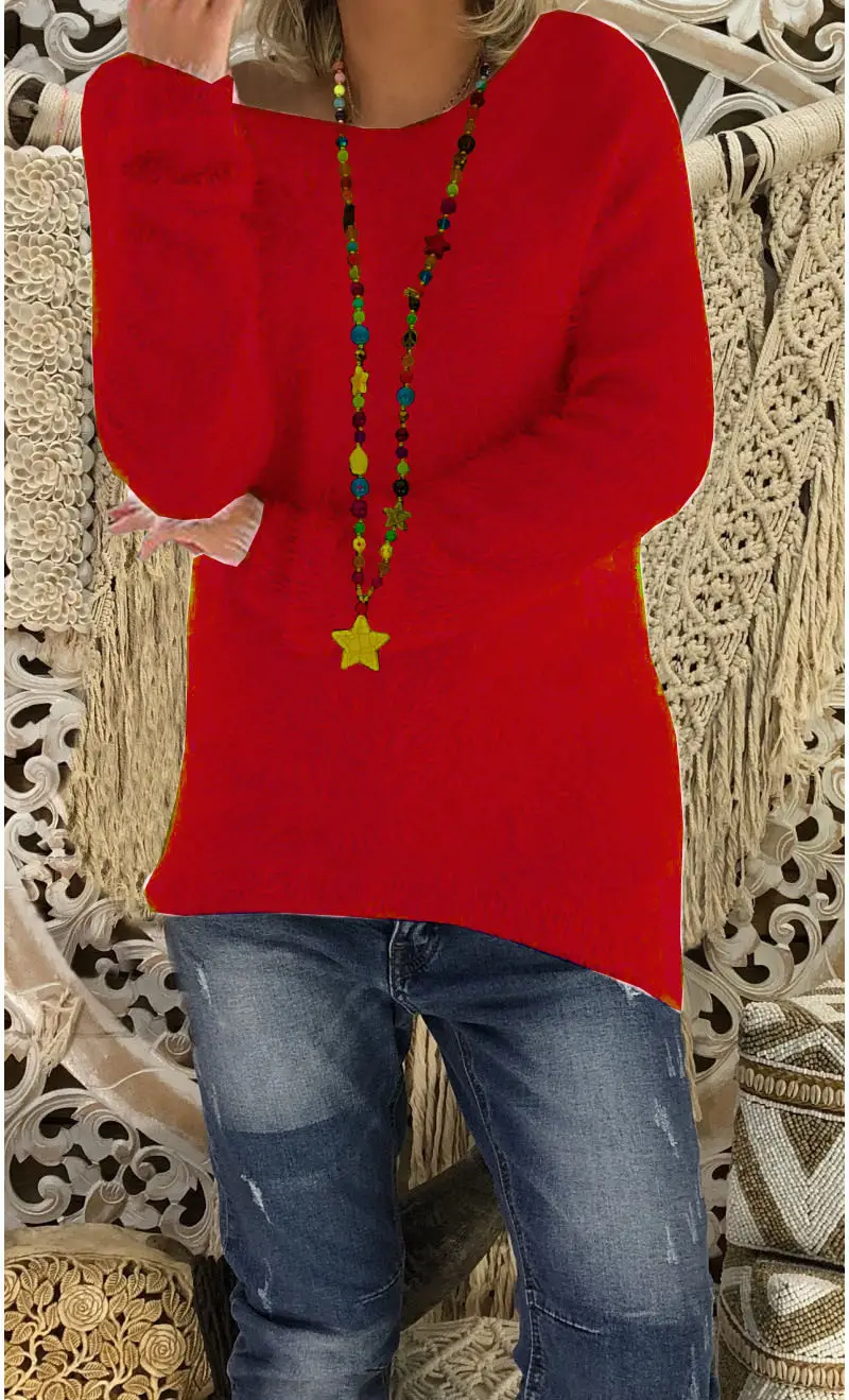 Women's White Long Sleeve Loose Sweater with Colorful Necklace - Image 4