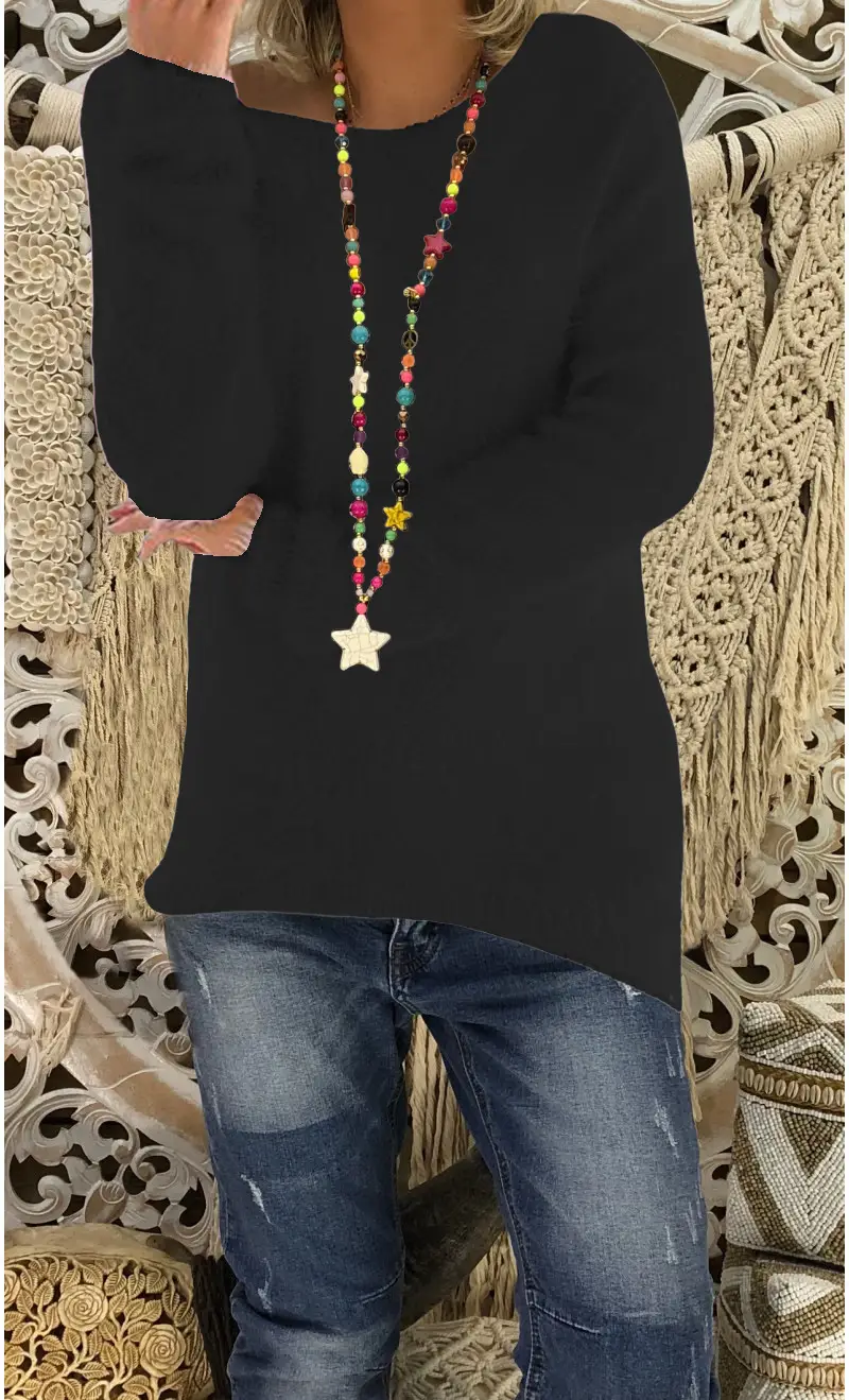 Women's White Long Sleeve Loose Sweater with Colorful Necklace - Image 6
