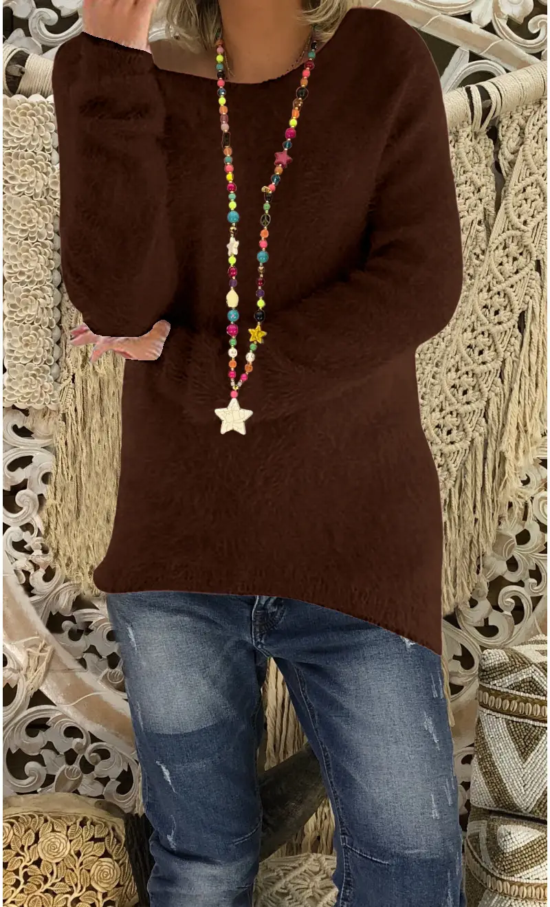 Women's White Long Sleeve Loose Sweater with Colorful Necklace - Image 7