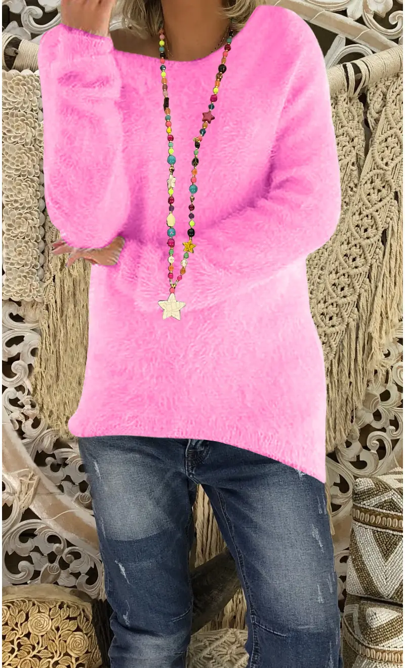 Women's White Long Sleeve Loose Sweater with Colorful Necklace - Image 8