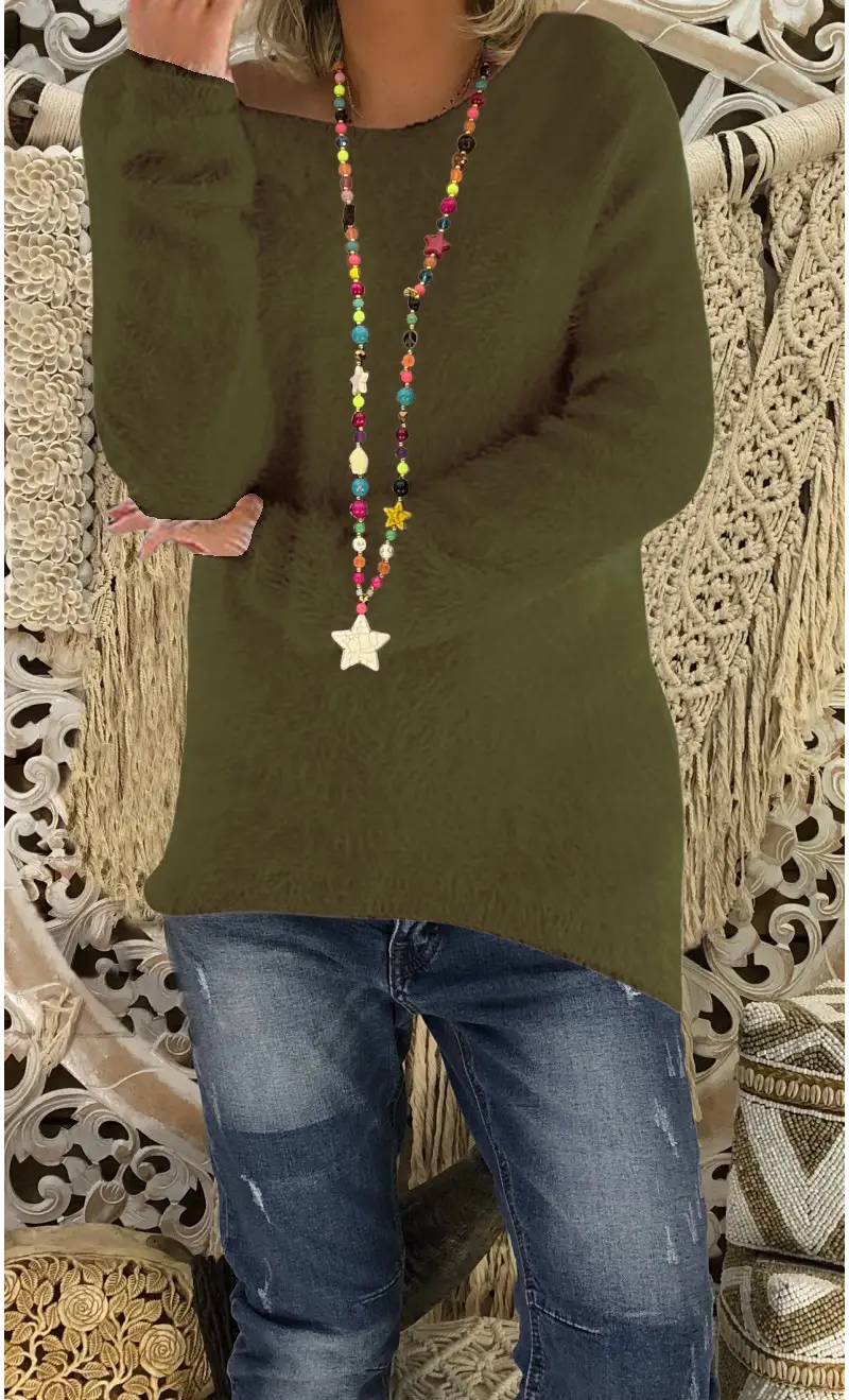 Women's White Long Sleeve Loose Sweater with Colorful Necklace - Image 9