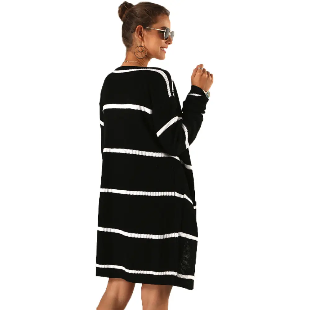Black & White Striped Long Cardigan Coat for Women - Image 7