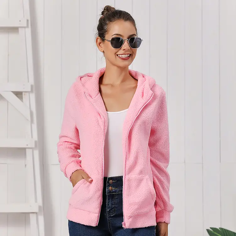 Women's Pink Plush Hoodie Sweatshirt Set Winter Coat