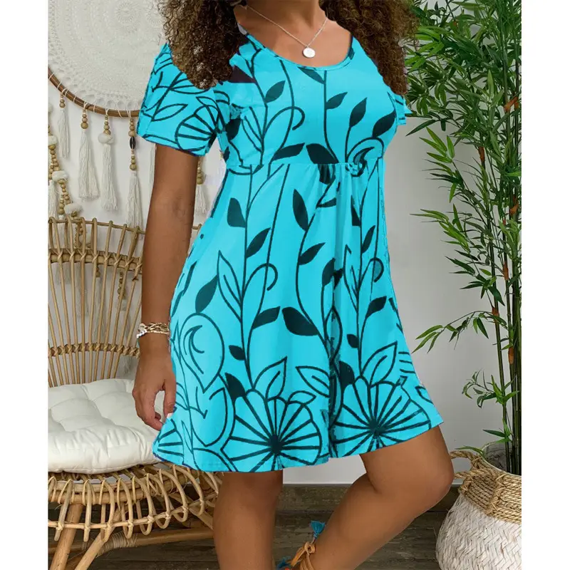 Green Printed Short Sleeve Summer Dress for Women - Image 7