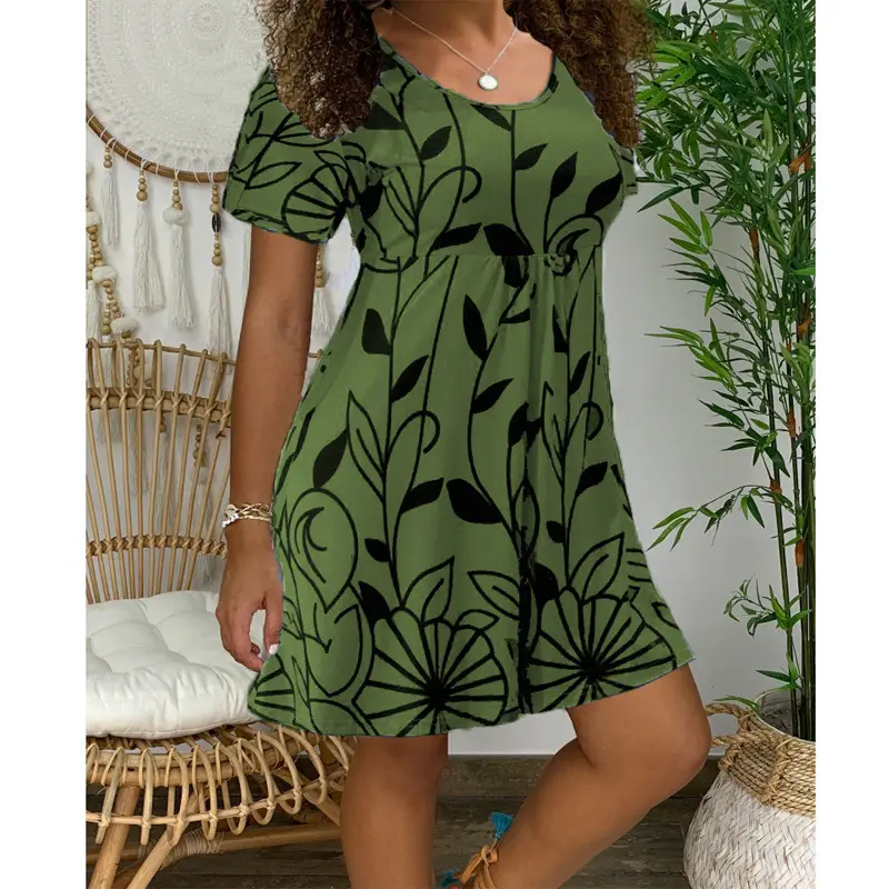 Green Printed Short Sleeve Summer Dress for Women — feature 3
