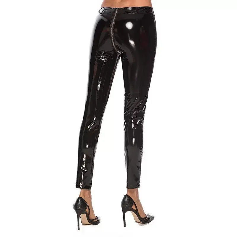 Black Glossy PU Leather Skinny Pants High Waist Crotch Zipper