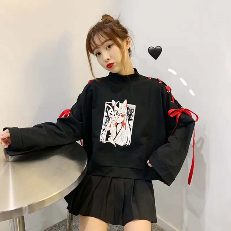 Japanese Style Black Cardboard Sweatshirt Set for Girls - Image 3