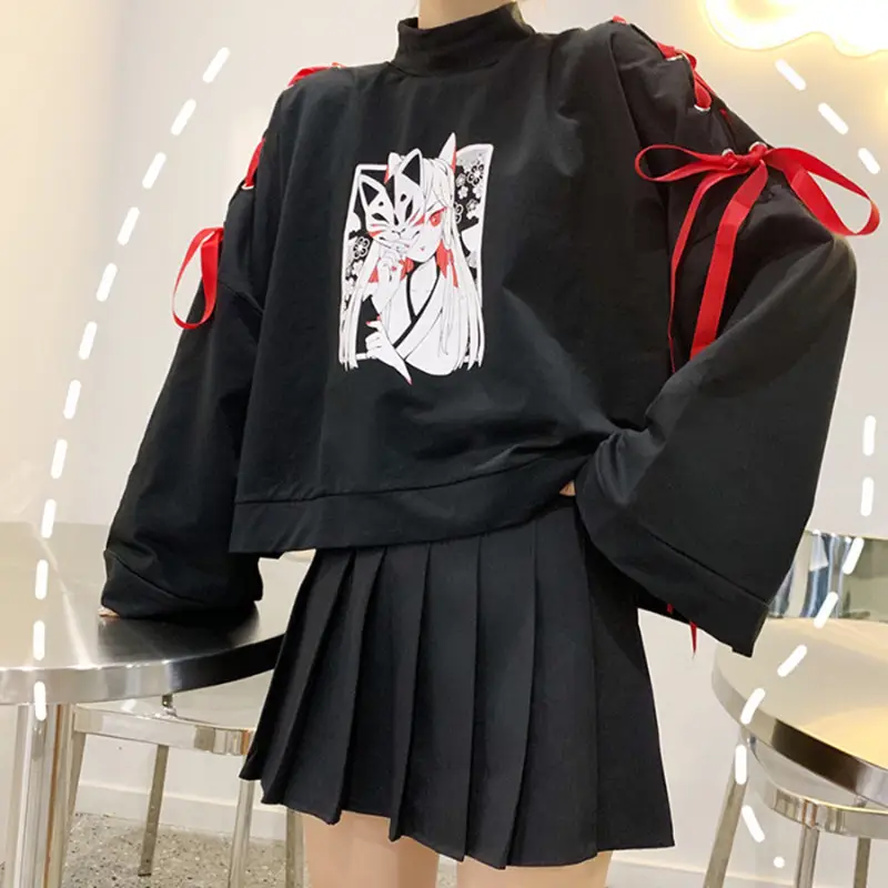Japanese Style Black Cardboard Sweatshirt Set for Girls - Image 5