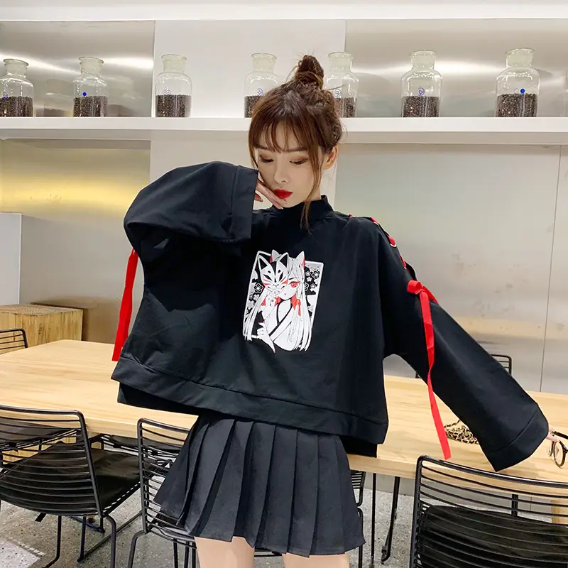 Japanese Style Black Cardboard Sweatshirt Set for Girls — feature 9