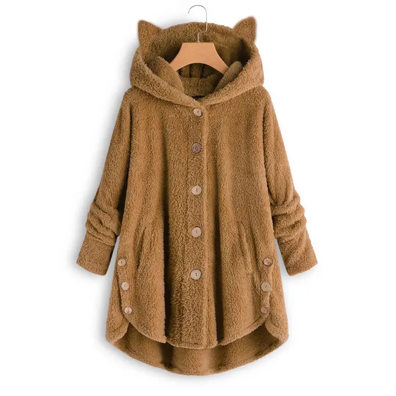 Women Button Hooded Cat Ear Plush Jacket Maroon - Image 6