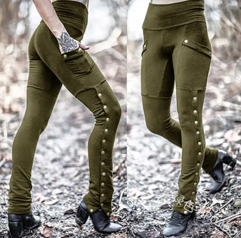 Women's Olive Green Rivet Pencil Pants Slim Fit Stretch Pocket