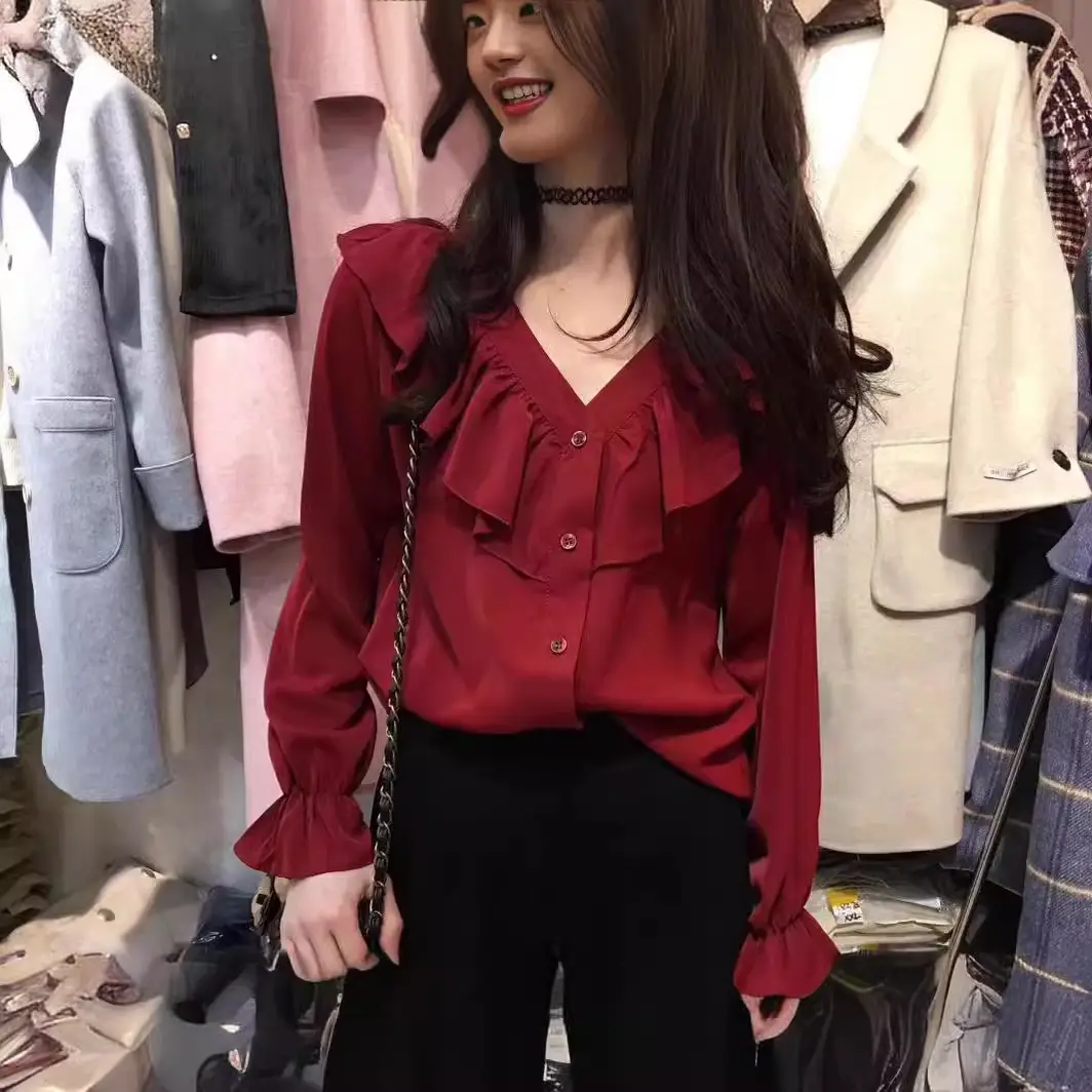 Women Ruffled Chiffon Belly Cover Shirt Maroon V-Neck