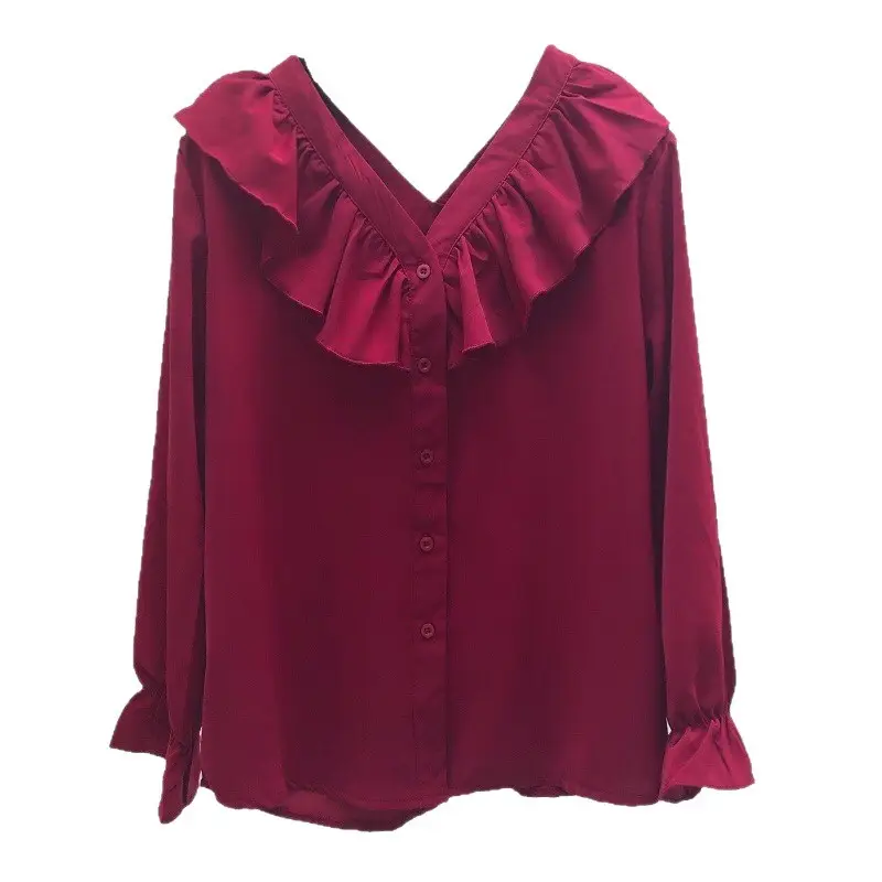 Women Ruffled Chiffon Belly Cover Shirt Maroon V-Neck