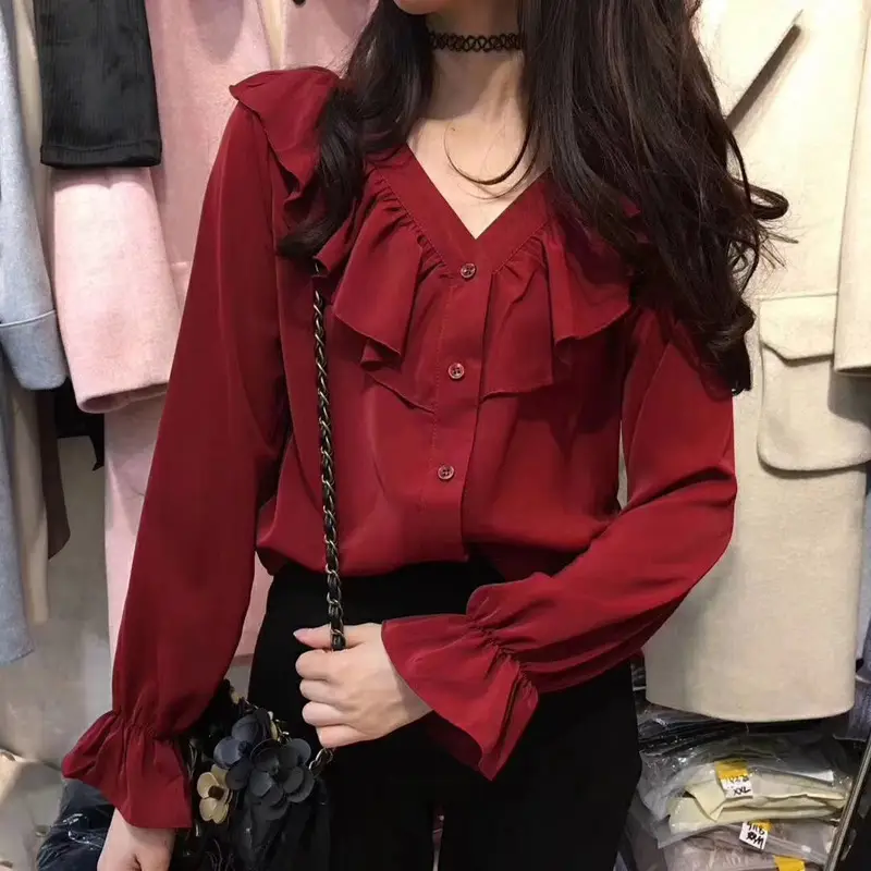 Women Ruffled Chiffon Belly Cover Shirt Maroon V-Neck — feature 7