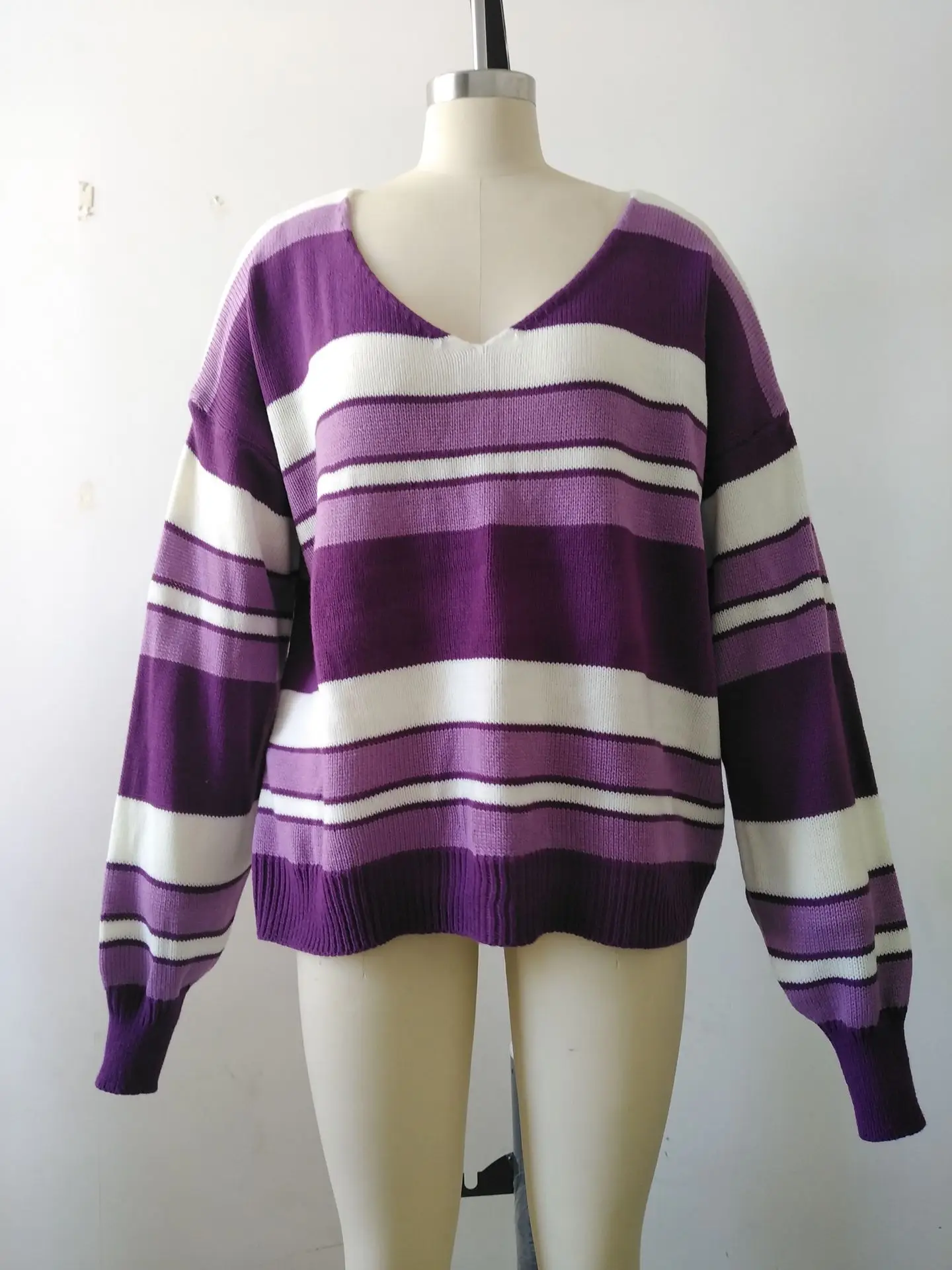Women V-Neck Striped Sweater Autumn Winter Loose Fit