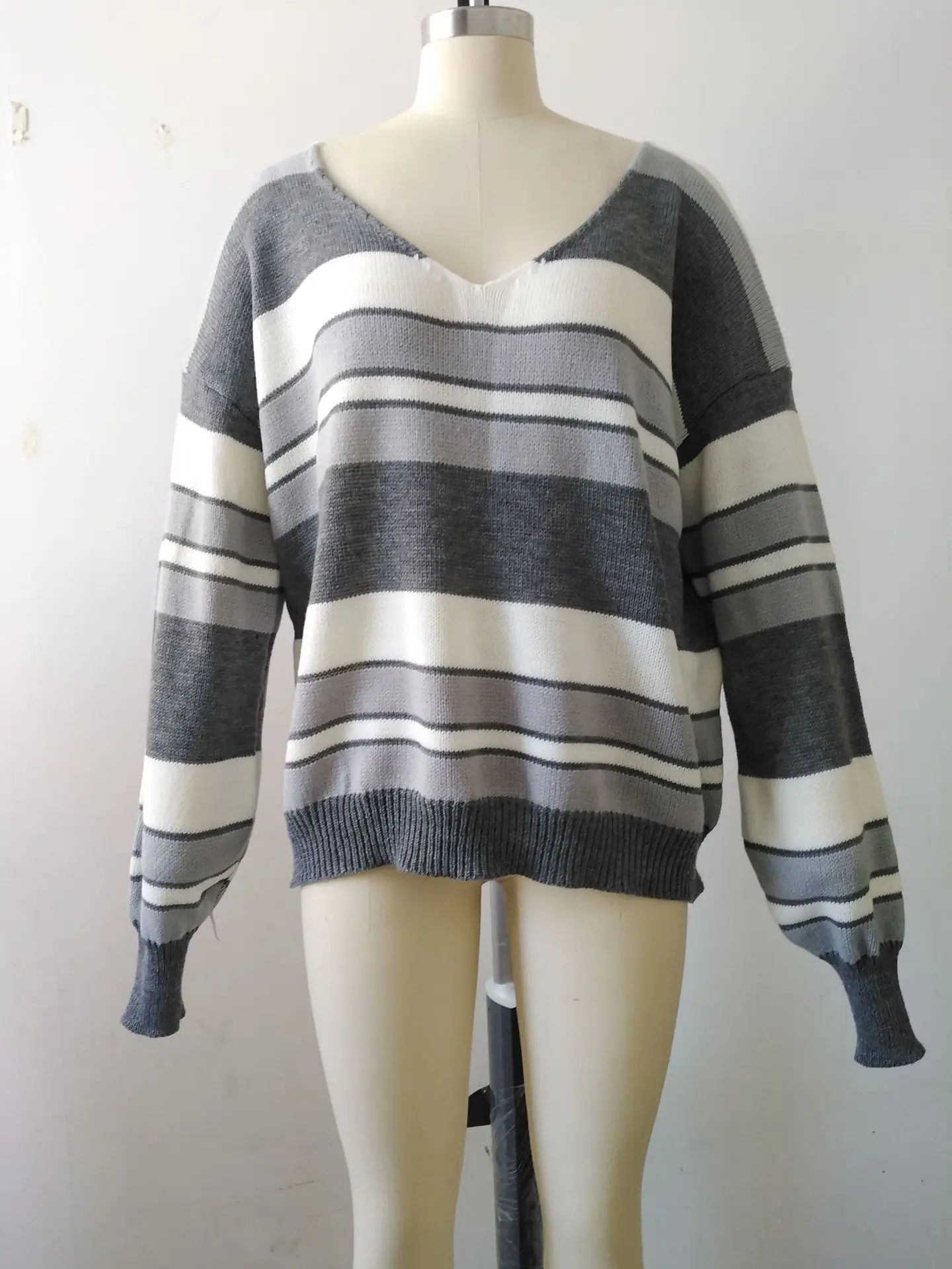 Women V-Neck Striped Sweater Autumn Winter Loose Fit