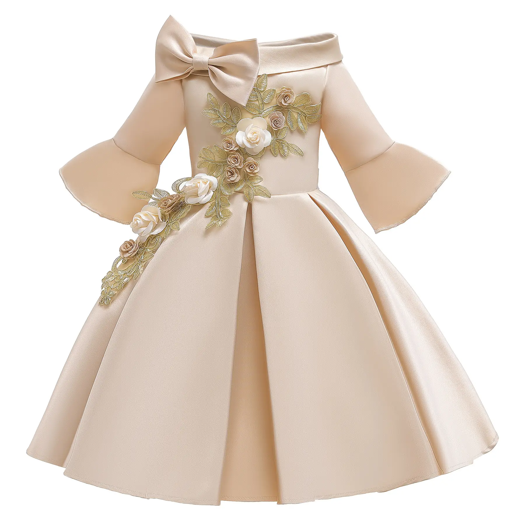 New Girl's Off-shoulder Mid-sleeve Dress with Rose Embroidery - Image 2