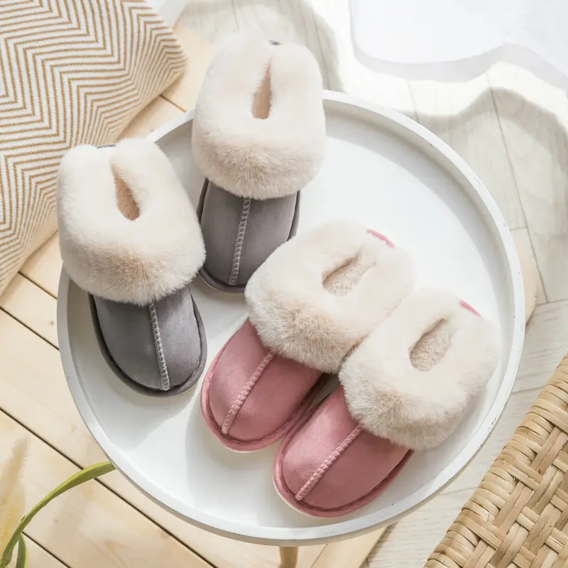 2023 Wool Faux Fur Slippers Grey Pink Women Winter Warm - Image 8