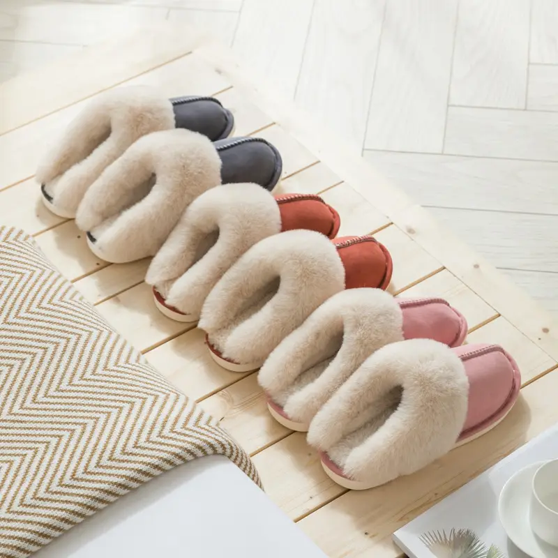 2023 Wool Faux Fur Slippers Grey Pink Women Winter Warm - Image 9