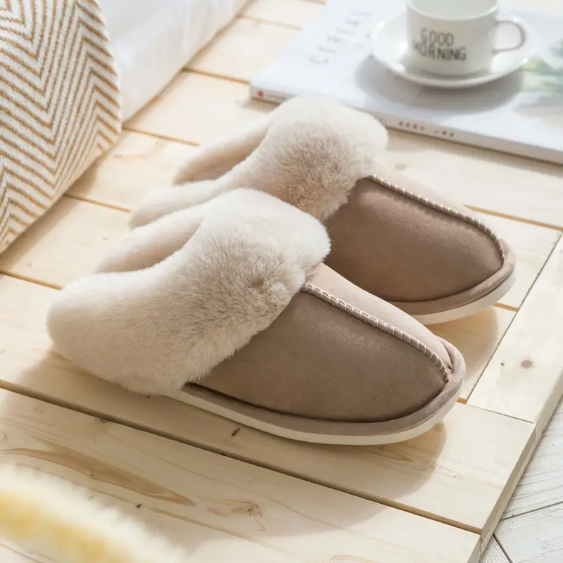 2023 Wool Faux Fur Slippers Grey Pink Women Winter Warm - Image 5