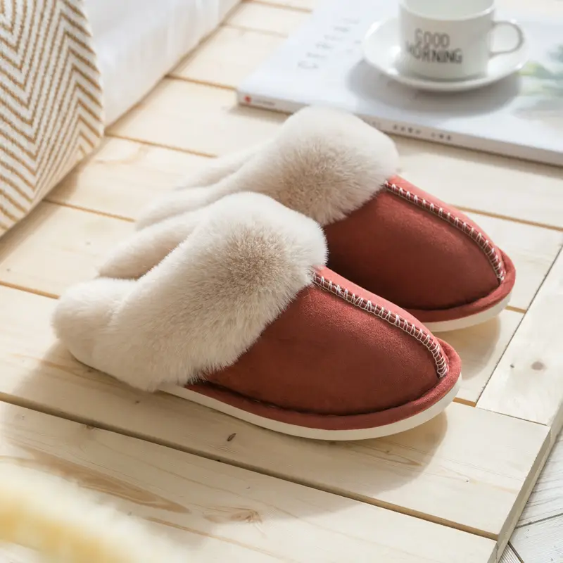 2023 Wool Faux Fur Slippers Grey Pink Women Winter Warm - Image 2