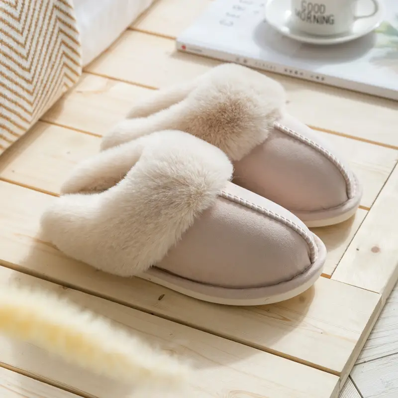 2023 Wool Faux Fur Slippers Grey Pink Women Winter Warm - Image 3