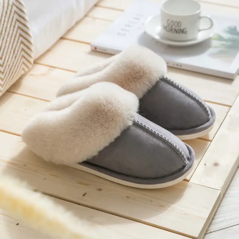 2023 Wool Faux Fur Slippers Grey Pink Women Winter Warm - Image 4