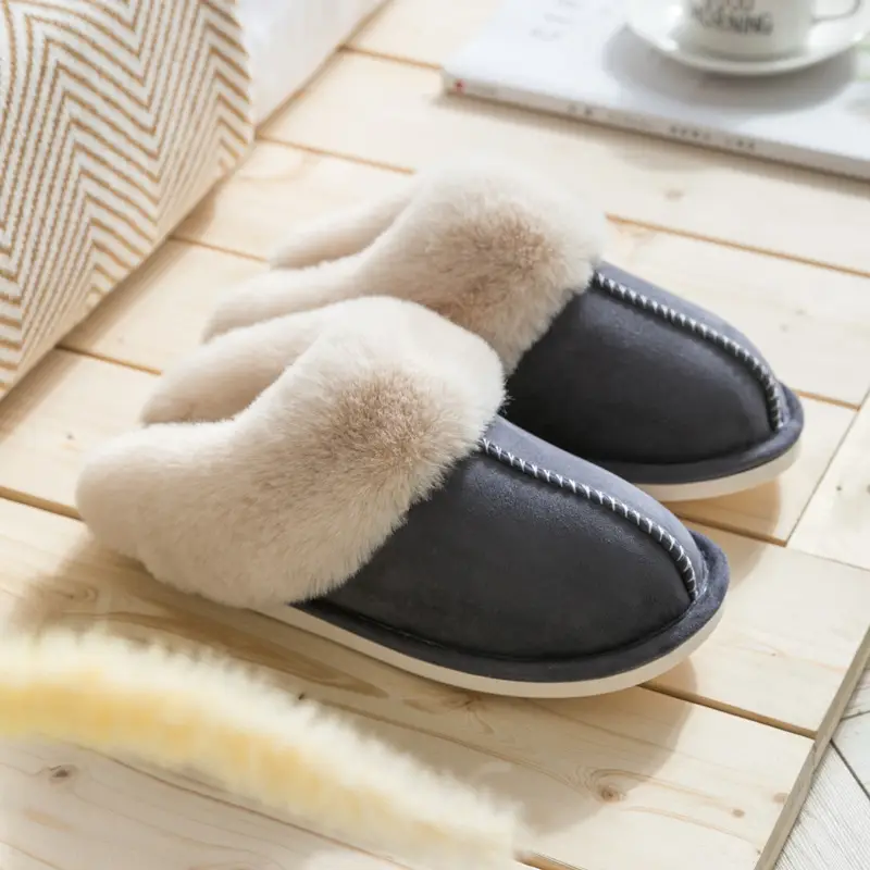 2023 Wool Faux Fur Slippers Grey Pink Women Winter Warm - Image 6