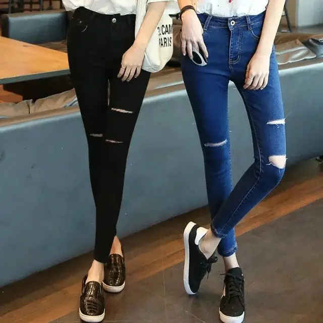 Women Ripped Cropped High Waist Black Pants 2019 - Image 10