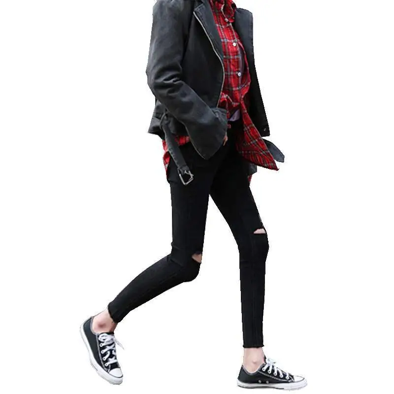 Women Ripped Cropped High Waist Black Pants 2019 - Image 11