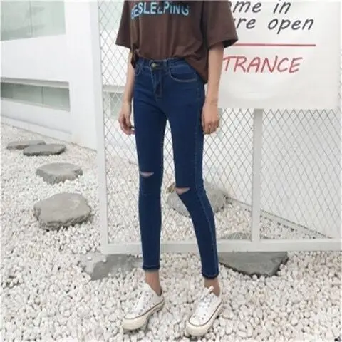 Women Ripped Cropped High Waist Black Pants 2019 - Image 2