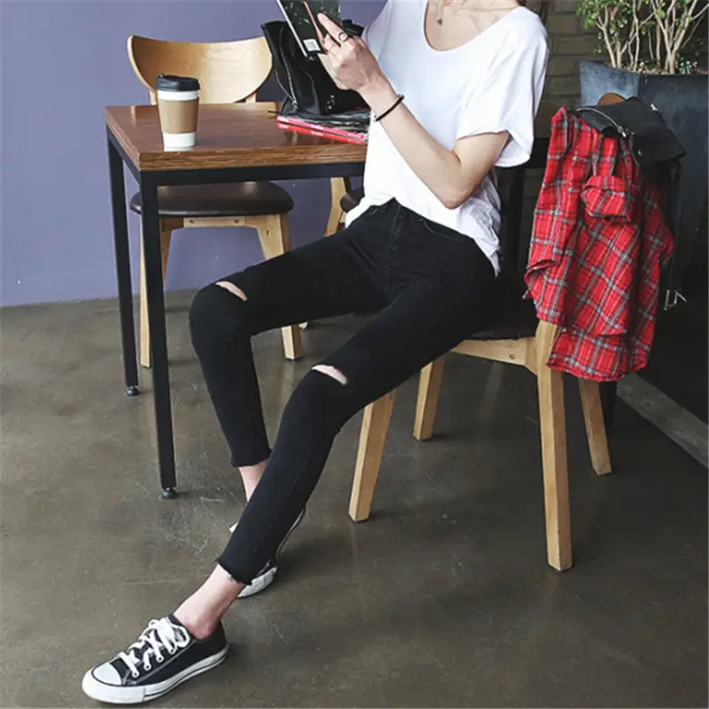 Women Ripped Cropped High Waist Black Pants 2019 - Image 3