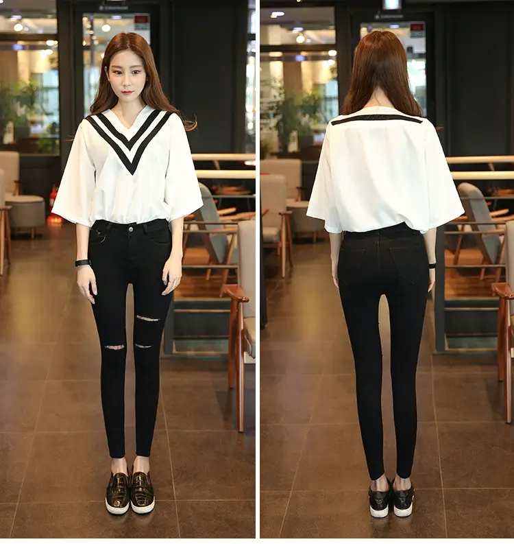 Women Ripped Cropped High Waist Black Pants 2019 - Image 5