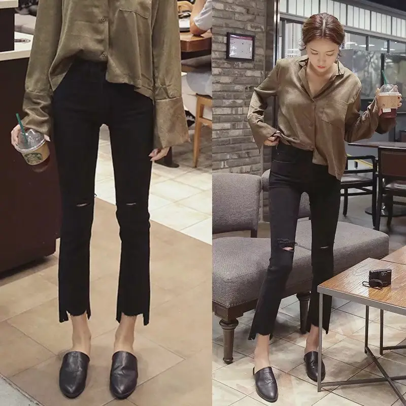 Women Ripped Cropped High Waist Black Pants 2019 - Image 7