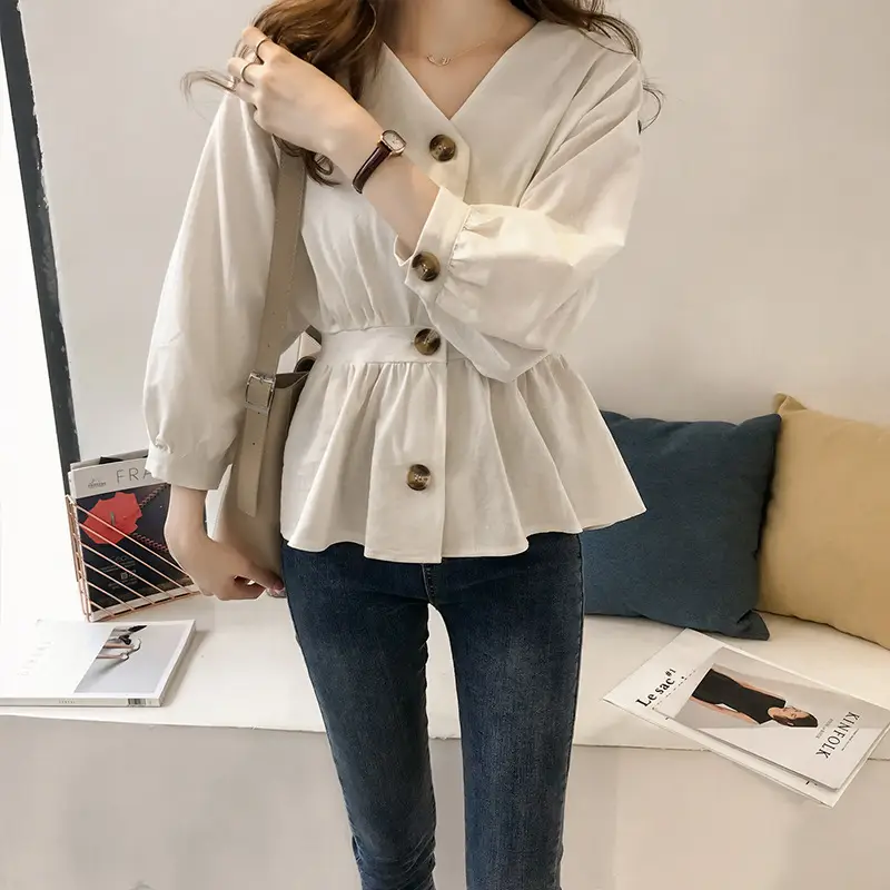 2025 Korean Style Waist Slimming V-Neck Shirt Olive Green - Image 5