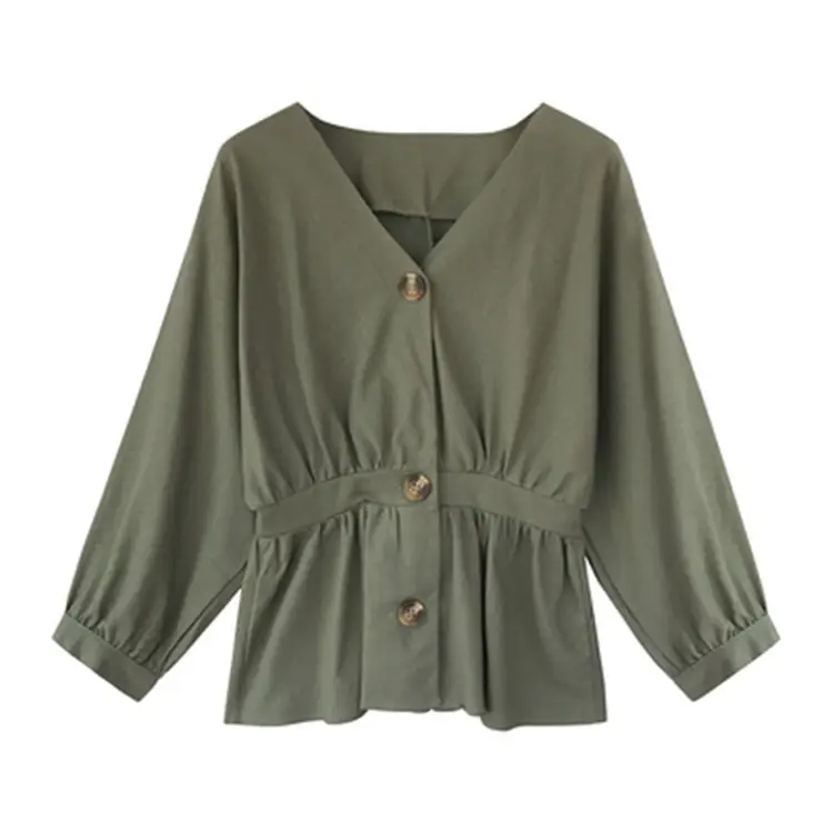 2025 Korean Style Waist Slimming V-Neck Shirt Olive Green - Image 8