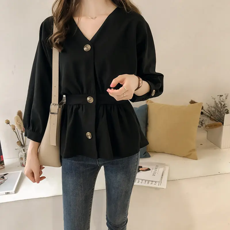 2025 Korean Style Waist Slimming V-Neck Shirt Olive Green - Image 2