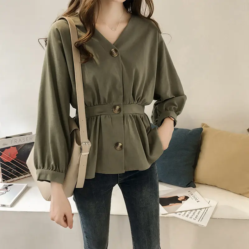 2025 Korean Style Waist Slimming V-Neck Shirt Olive Green - Image 3