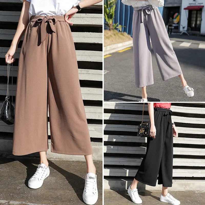 Women Wide Leg Pants Black Chiffon Summer Loose Fit