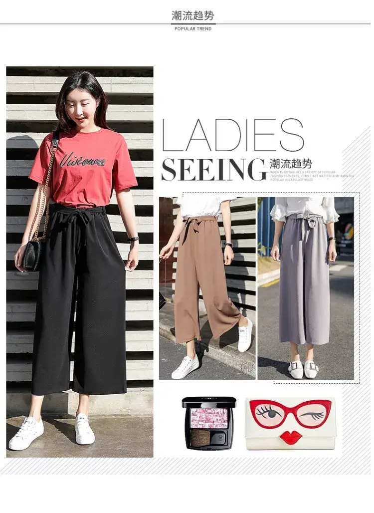 Women Wide Leg Pants Black Chiffon Summer Loose Fit — feature 3