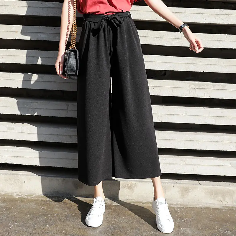 Women Wide Leg Pants Black Chiffon Summer Loose Fit