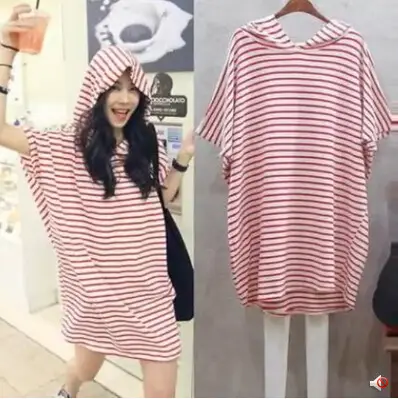 Women's Striped Hooded Beach Dress Plus Size Loose Sleeve