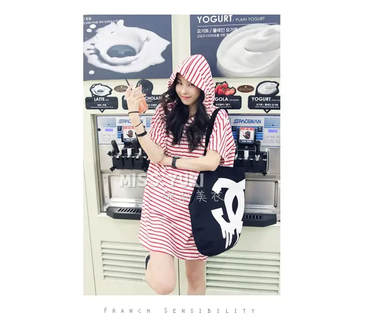 Women's Striped Hooded Beach Dress Plus Size Loose Sleeve — feature 8