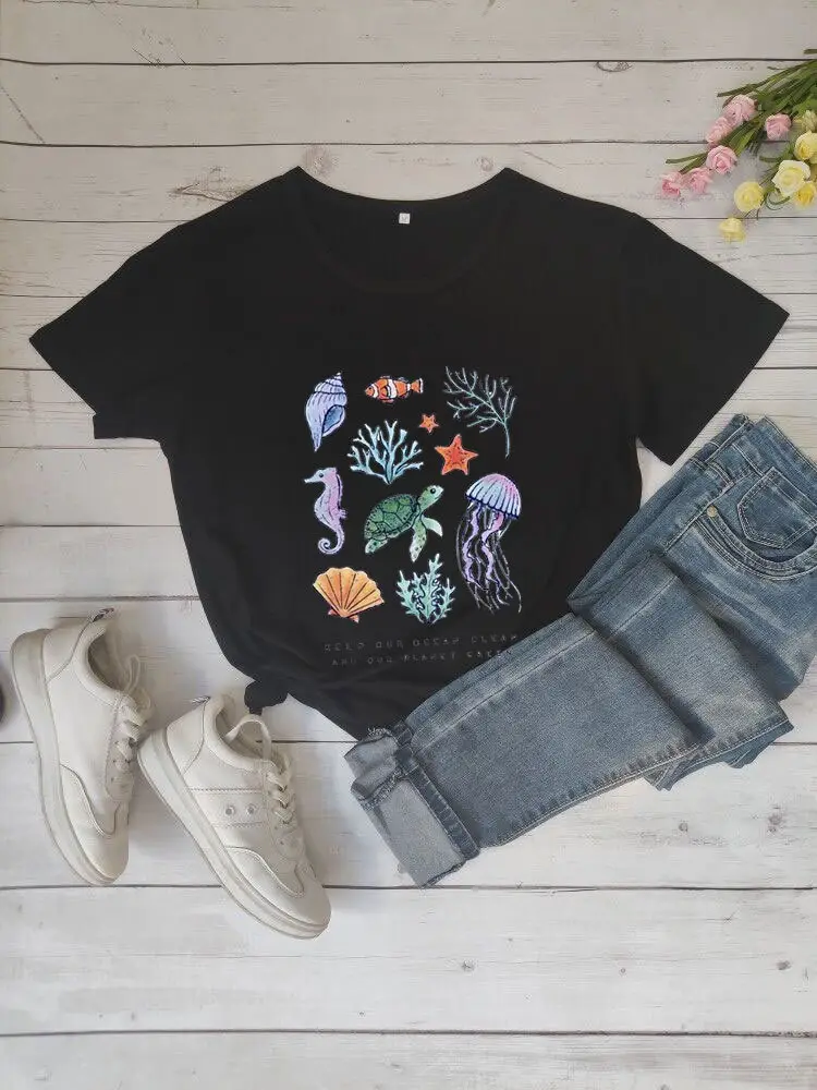 Gray Printed T-Shirt with Ocean Design for Men Women - Image 2