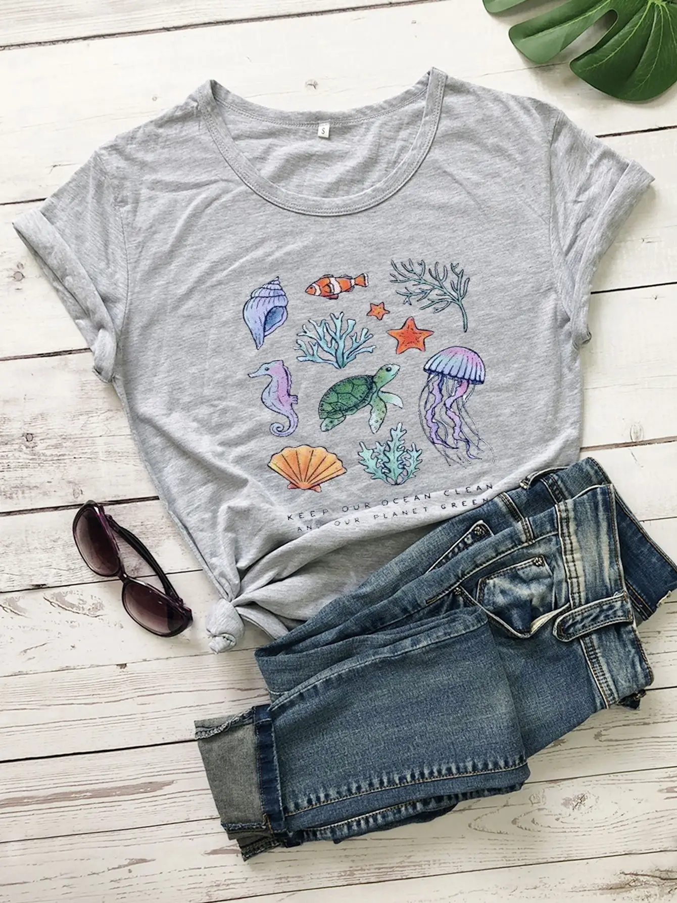 Gray Printed T-Shirt with Ocean Design for Men Women - Image 3