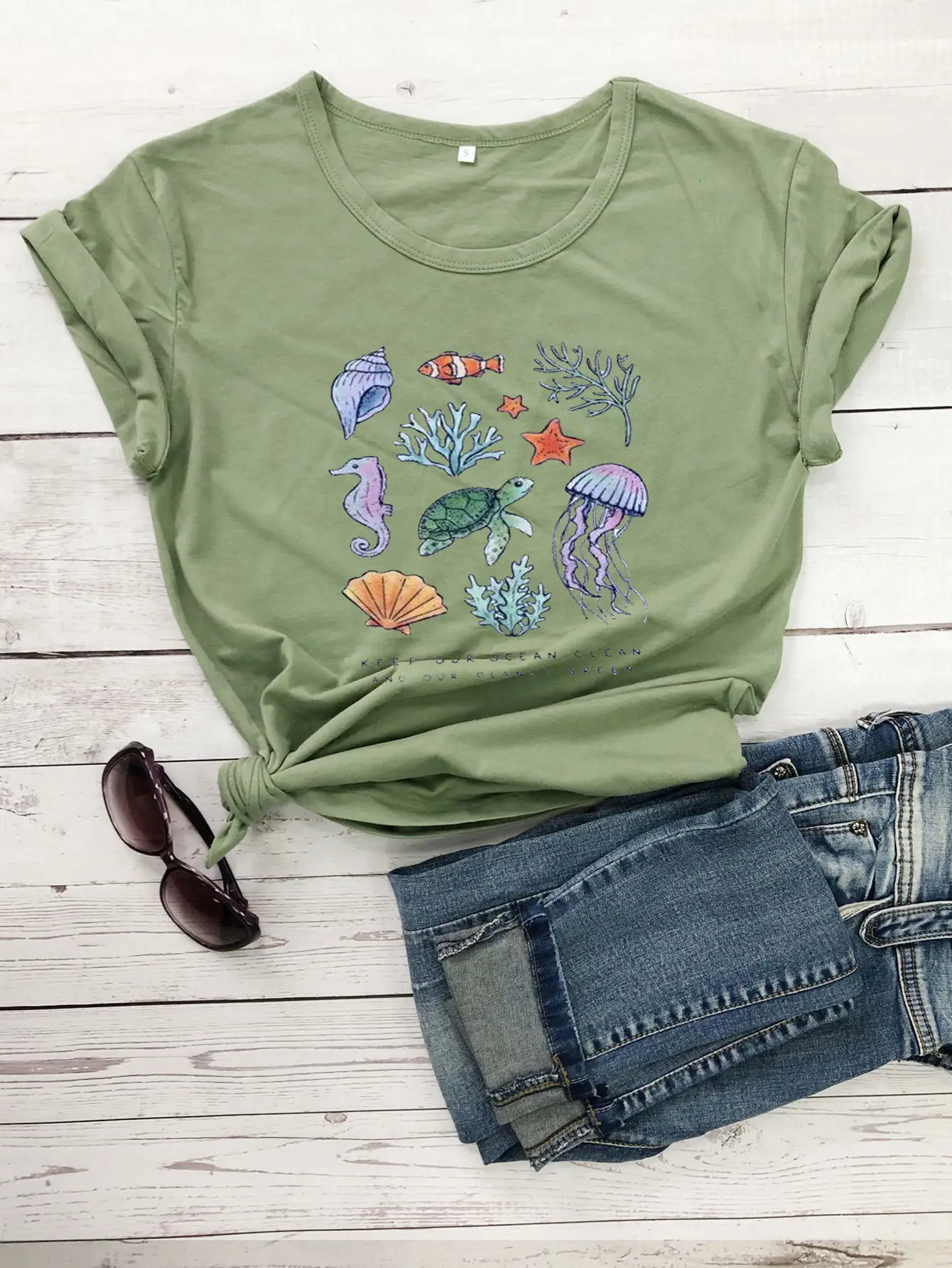 Gray Printed T-Shirt with Ocean Design for Men Women - Image 7